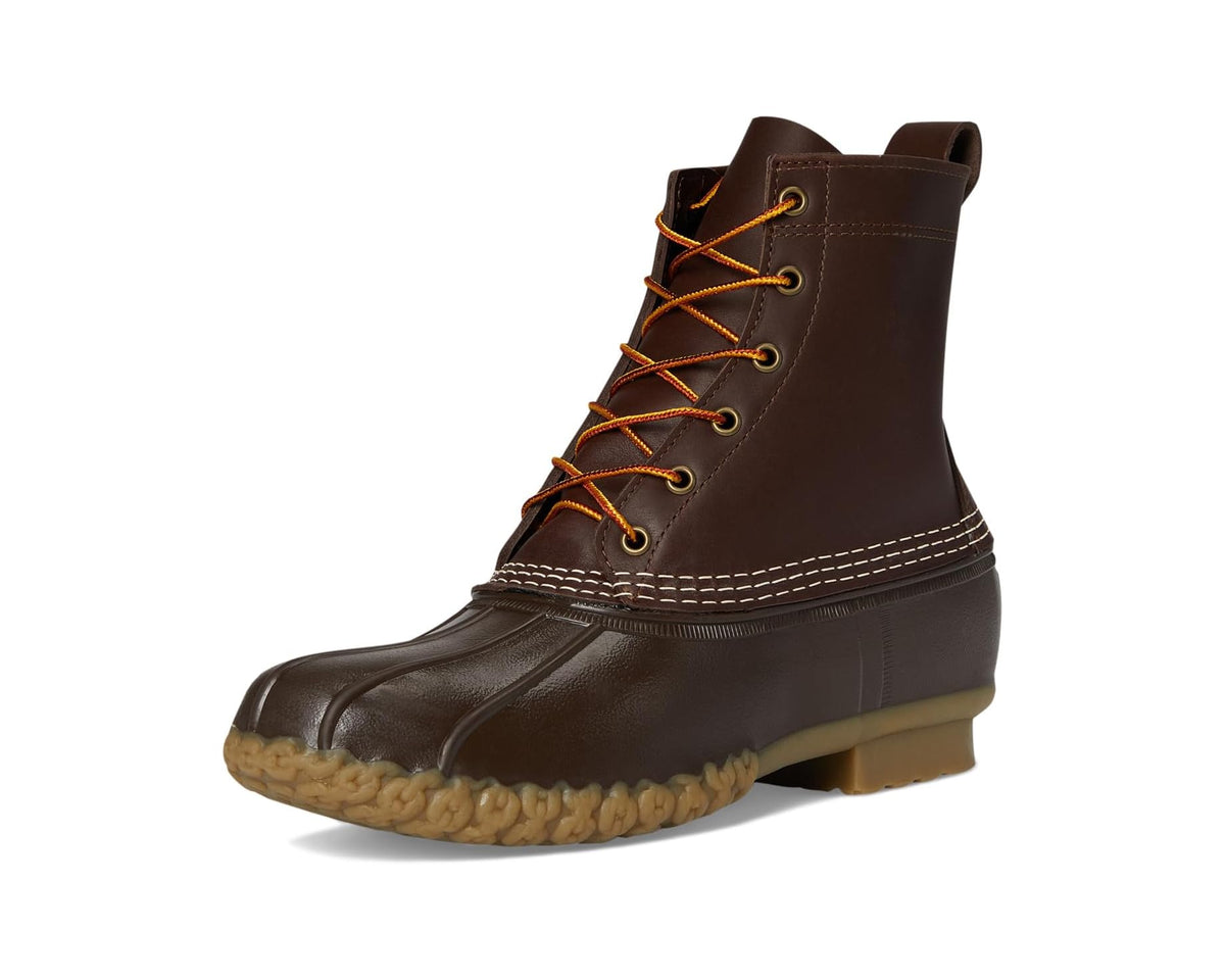 Brown lace-up Bean boot with orange laces, stitched toe guard, and tan lug sole.