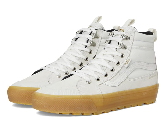 White waterproof insulated hi-top sneakers with gum rubber sole and lace-up front