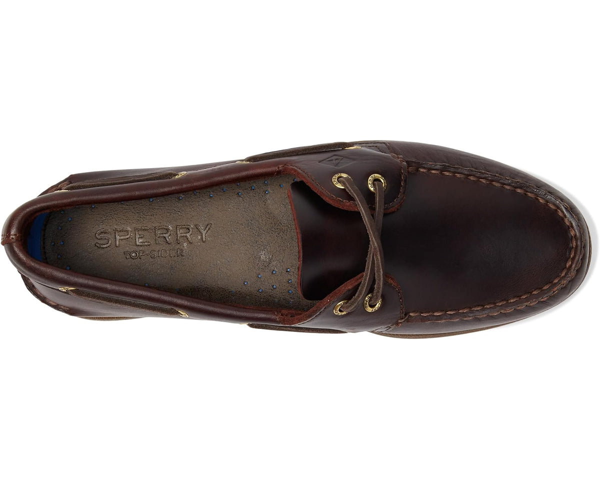 Men's Sperry boat shoes, brown leather moc toe with gold eyelets and laces