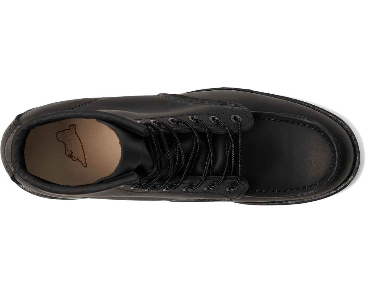 Men's Red Wing Heritage moc-toe black boots, side opening view with tan lining