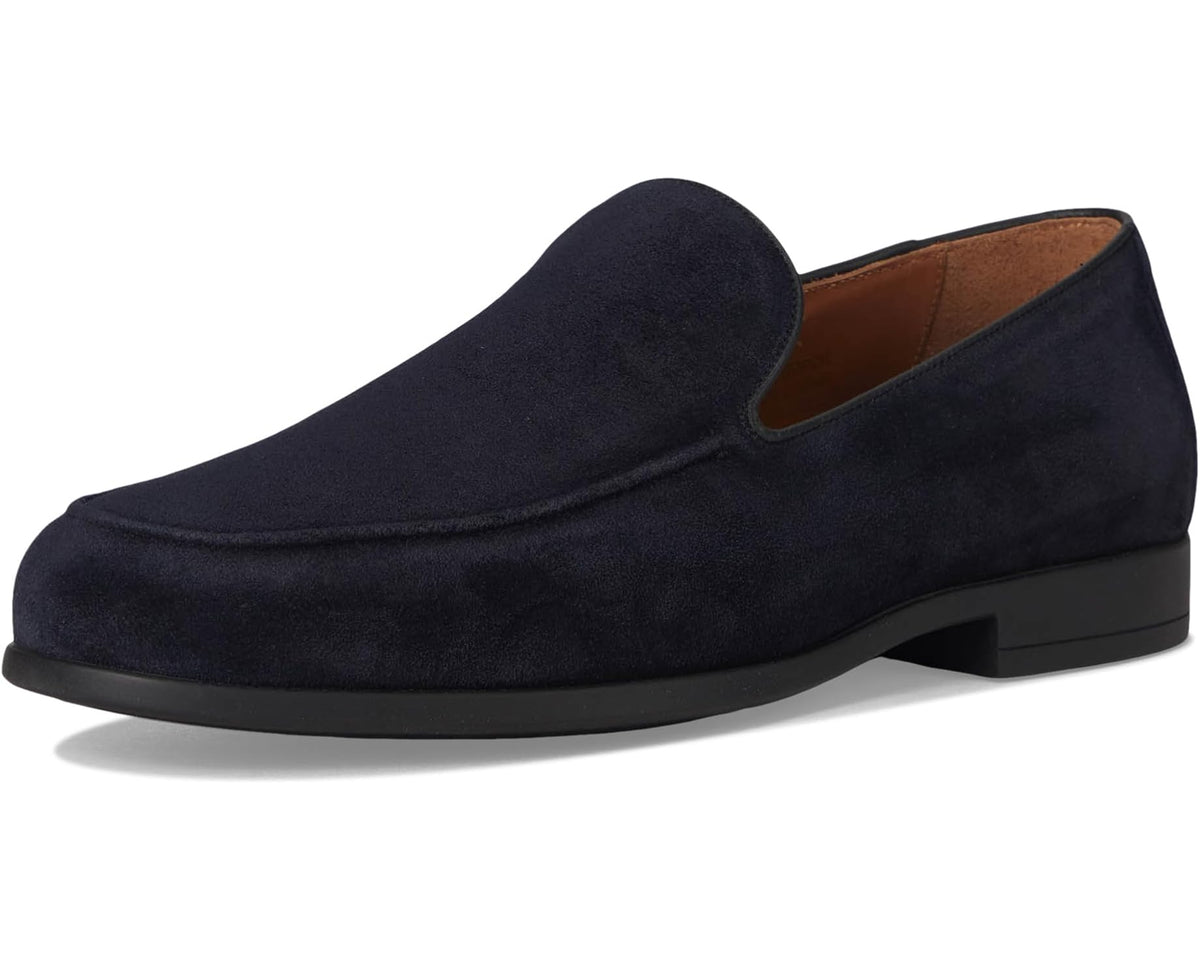 Navy suede men's slip-on loafer with side gore and low block heel