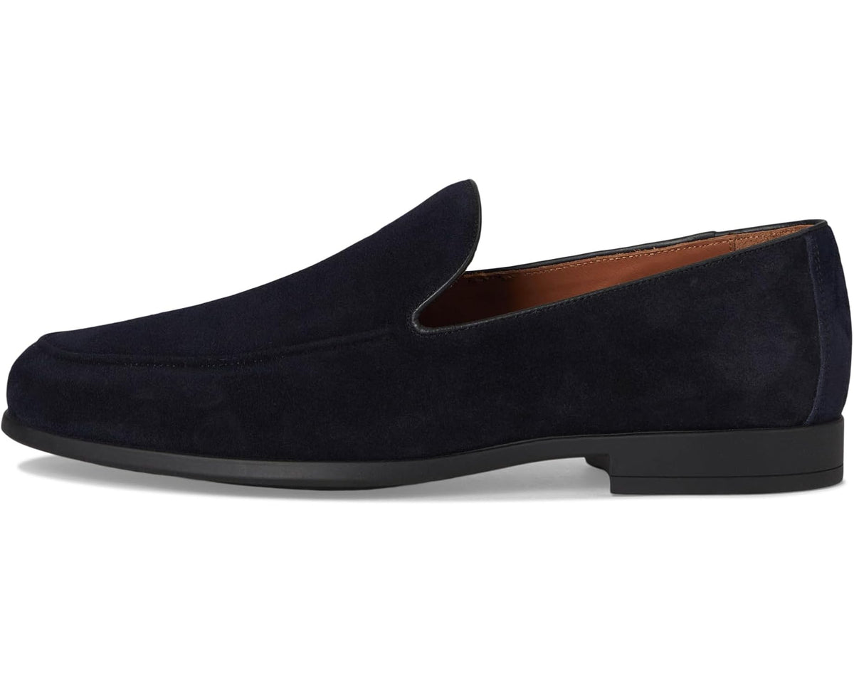 Navy suede men's slip-on loafer with moc toe and V-cut vamp