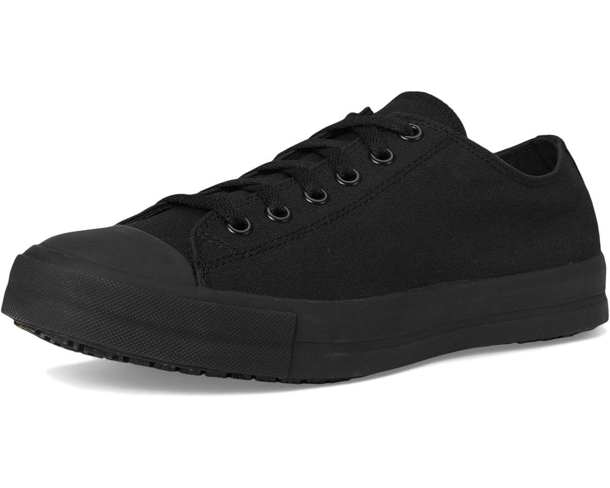 Unisex black canvas low-top shoes, side view, lace-up eyelets