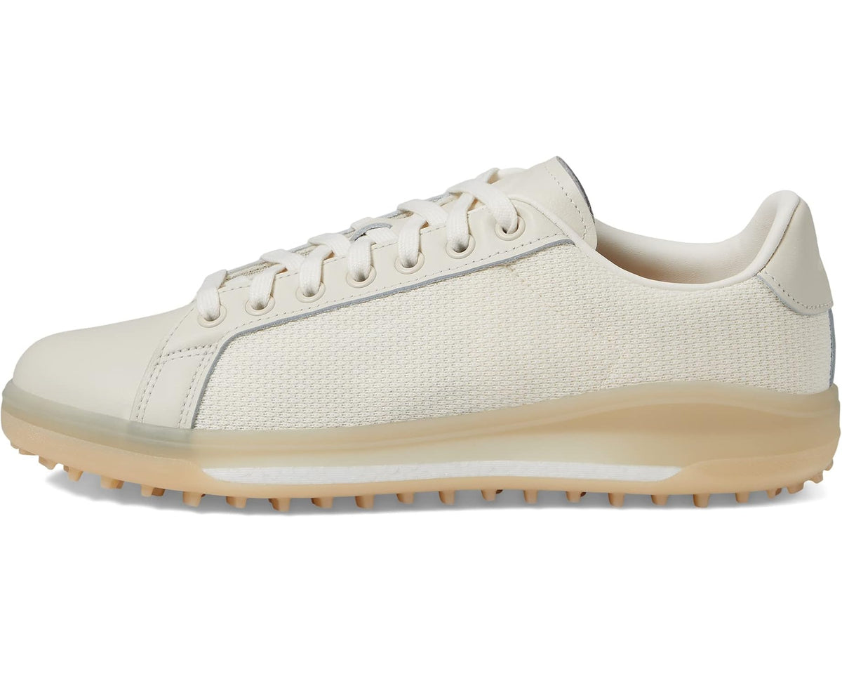 Men's adidas golf shoes, front side view in chalk white, lace-up with beige outsole.
