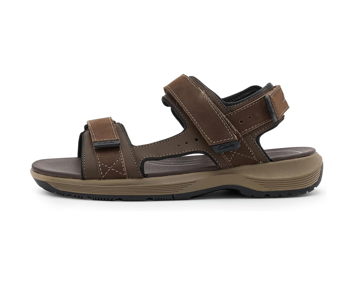 Men's brown leather open-toe sandals with two hook-and-loop closures and traction sole