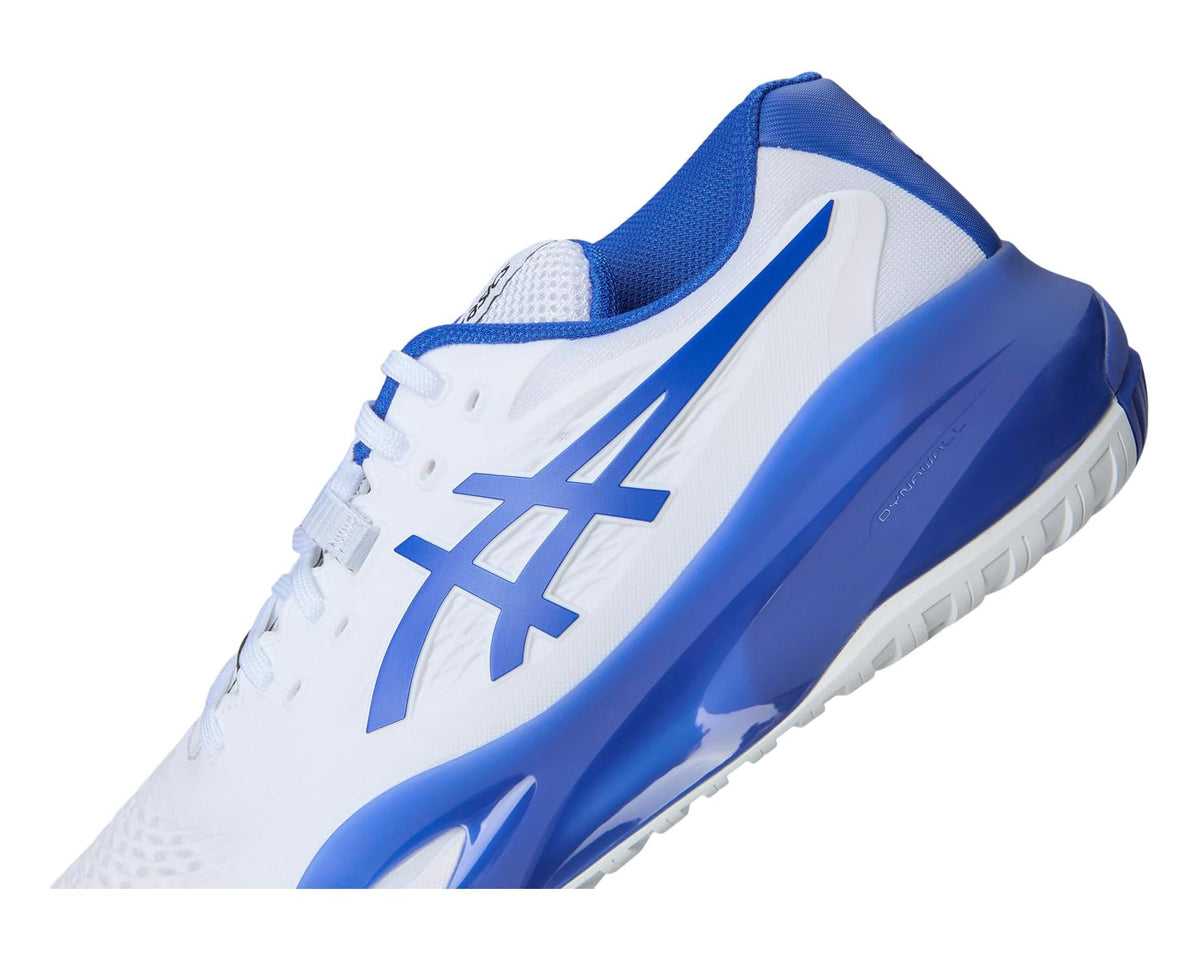 Men's ASICS Gel-Resolution X wide tennis shoe, angled side view in white with blue overlays