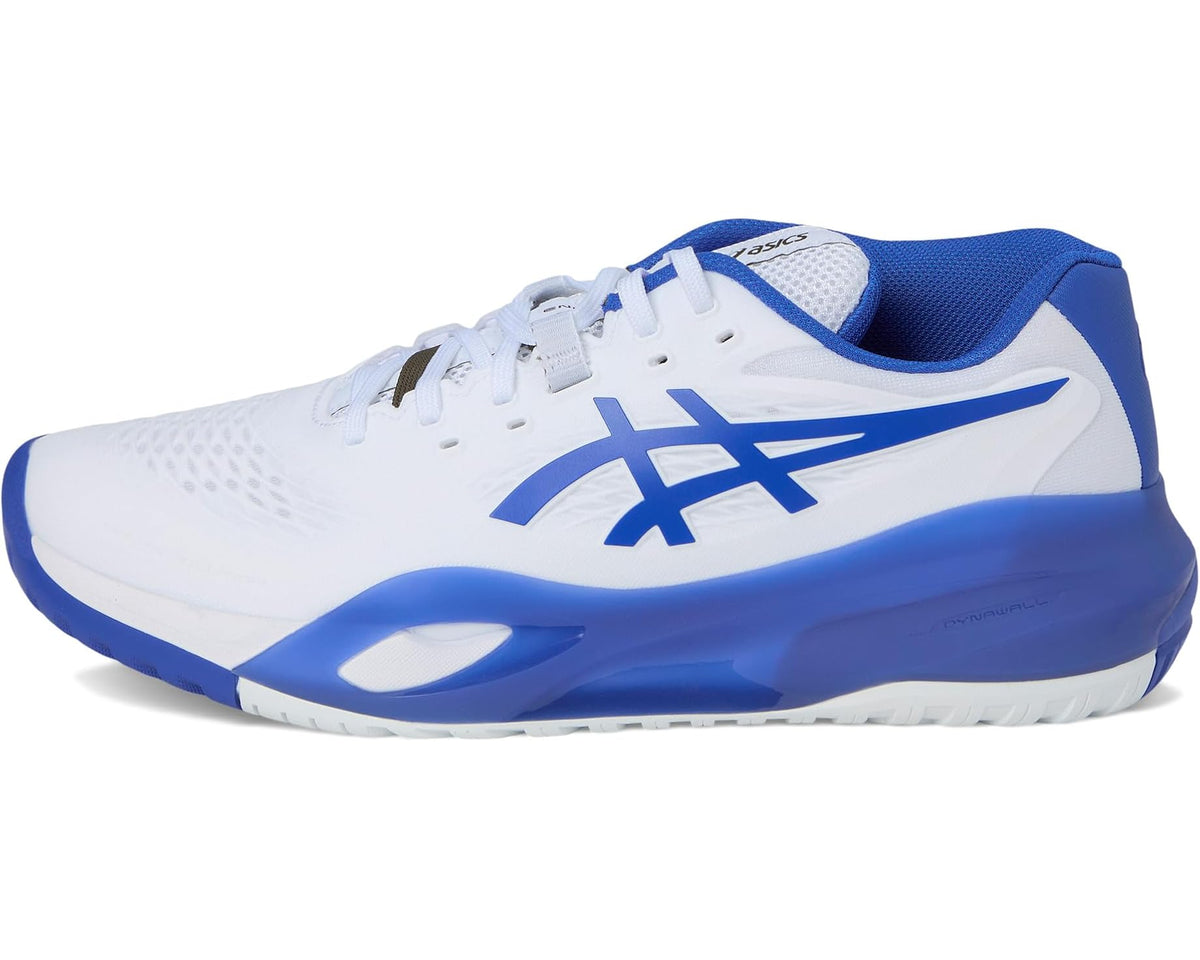 Men's ASICS Gel-Resolution X wide tennis shoe, front view in white with cobalt trim