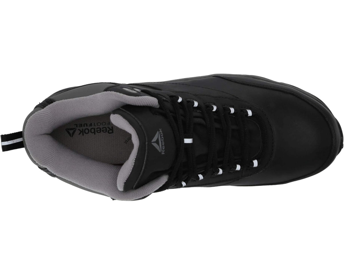 Men's waterproof work boots, black toe profile with gray lining and lace-up top