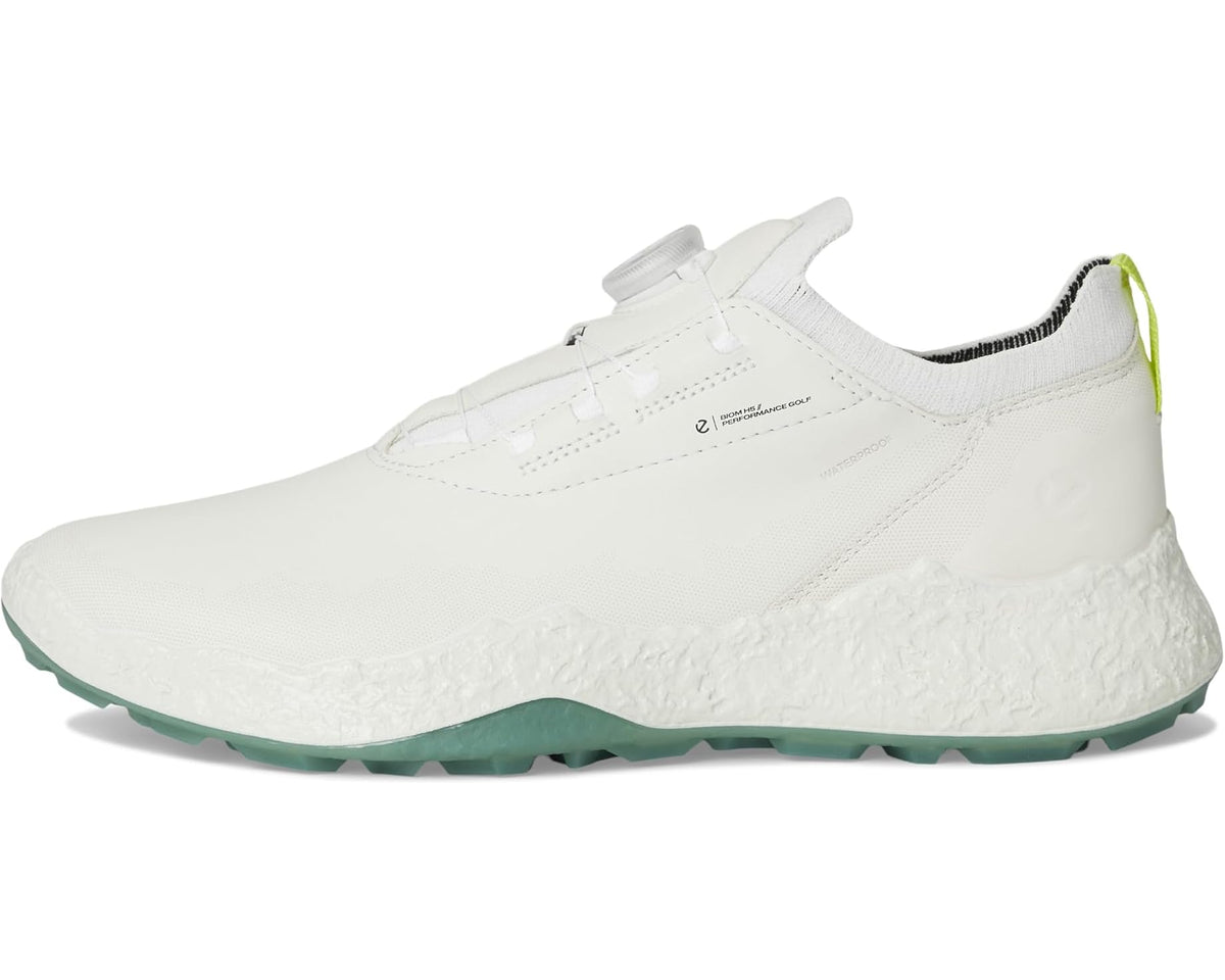 White waterproof golf shoe side view with BOA dial and green trim