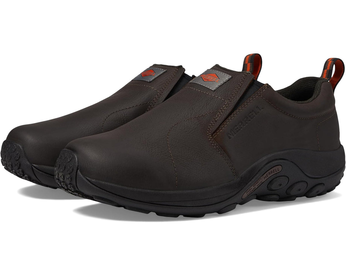 Men's Merrell Work Jungle Moc leather slip-on shoe, espresso brown.