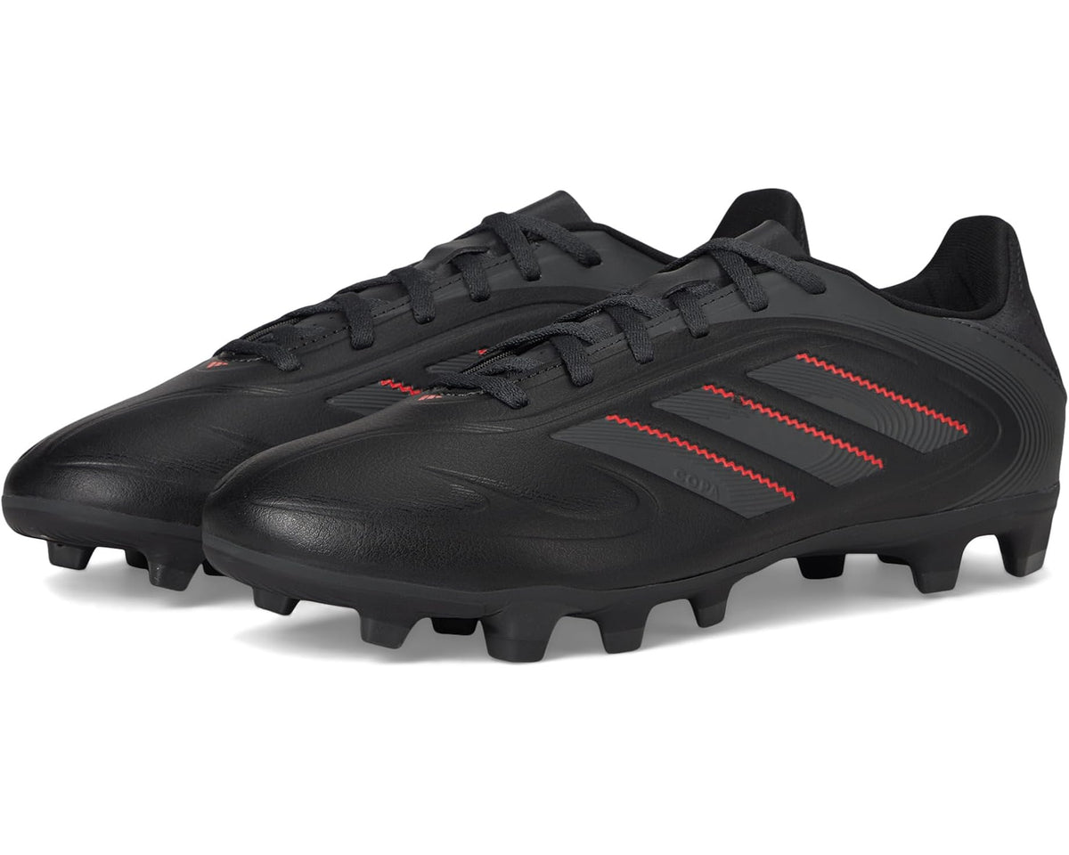 Unisex soccer cleats with black uppers and red accent stripes; firm-ground studs