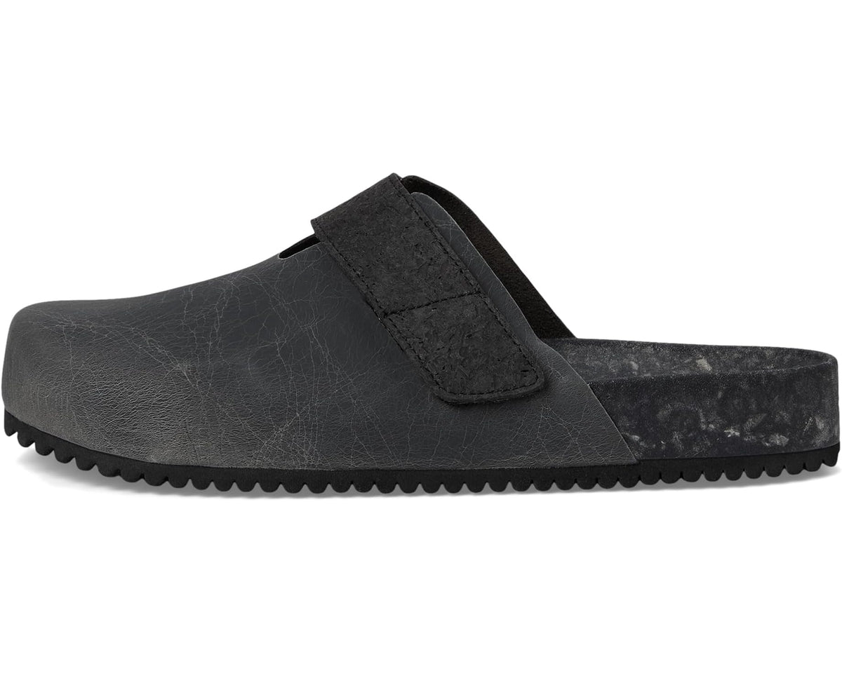 Unisex dark gray slip-on clogs with strap overlay and sculpted edge sole