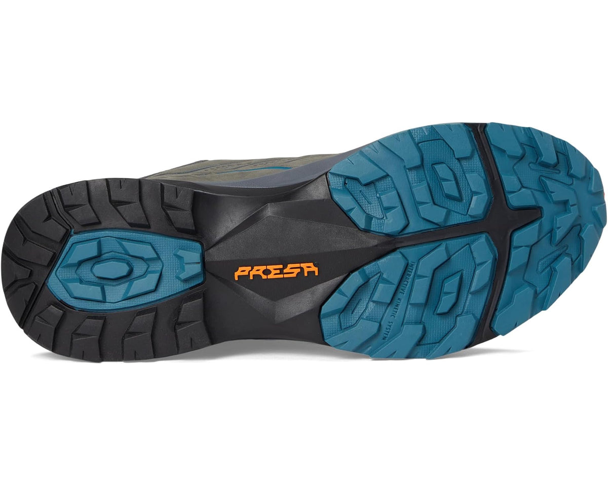 Men's hiking shoe outsole with black and teal tread and orange branding