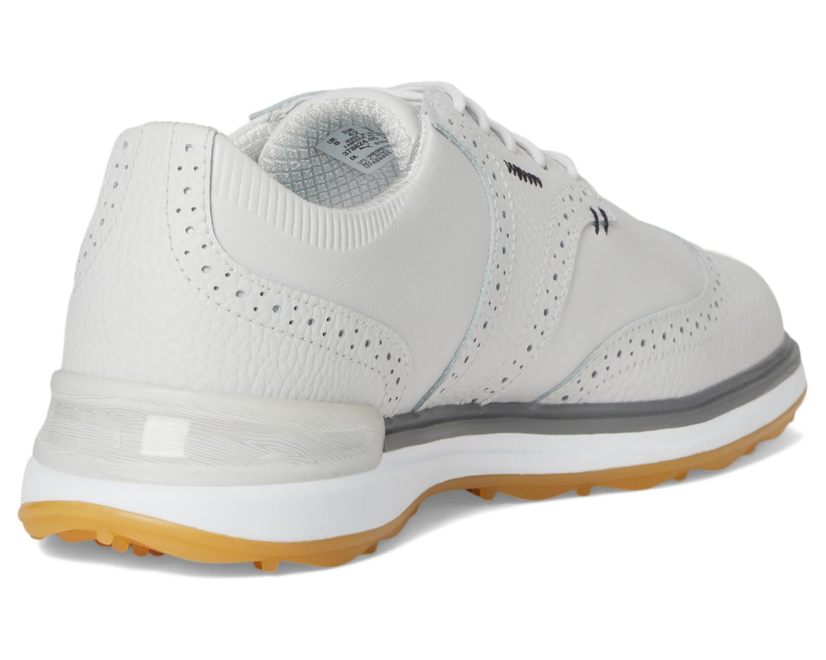 Rear side view of white golf shoe with cushioned collar, and gum traction outsole