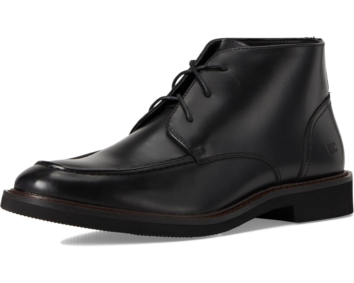 Black lace-up leather ankle boot front view with lace-up closure