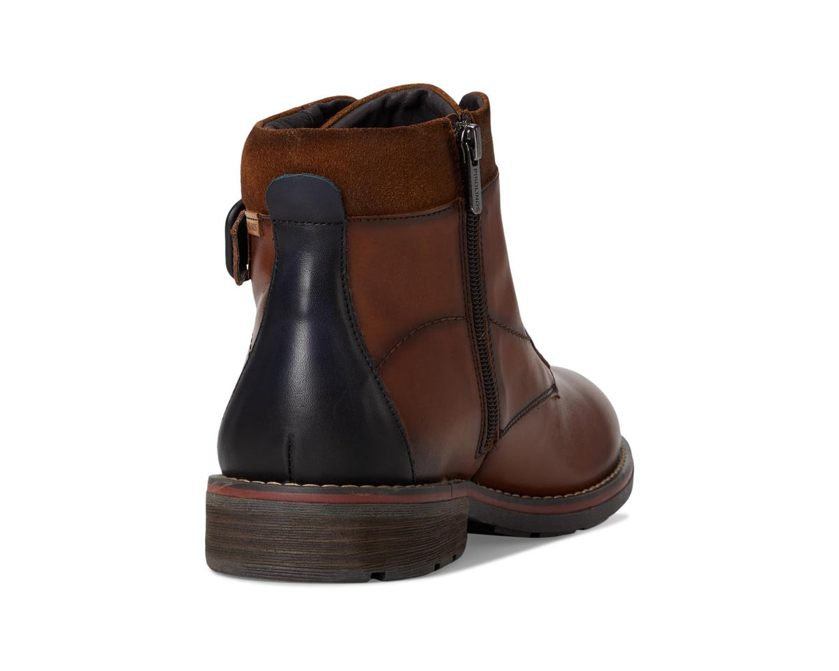 Brown and black panel ankle boot with lace-up closure, side zipper, and chunky sole
