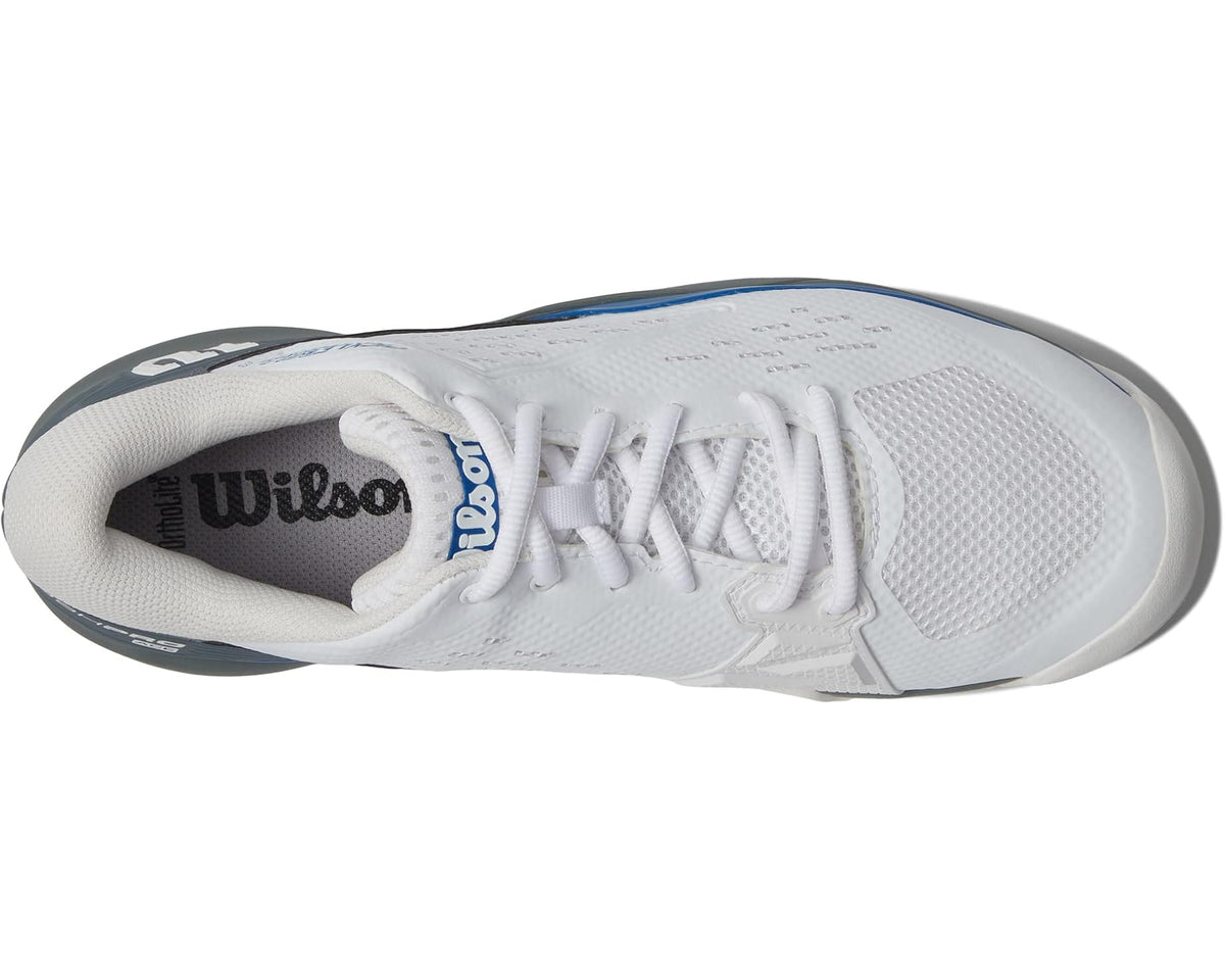 White Wilson pickleball shoes with textured outsole and blue accent heel panel
