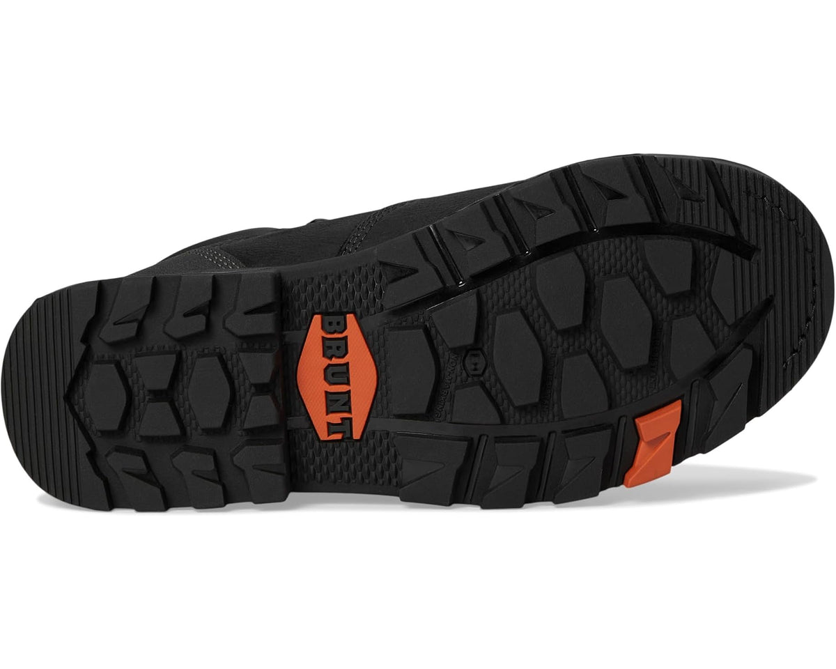 Men's black rugged outsole with orange BRUNT logo and deep tread