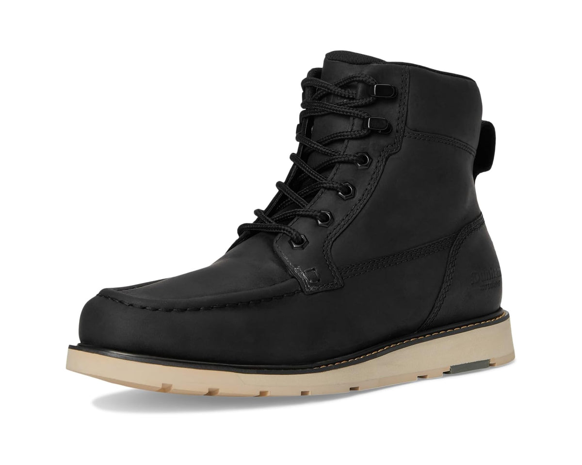 Black leather lace-up ankle boot front view with rugged sole and laces