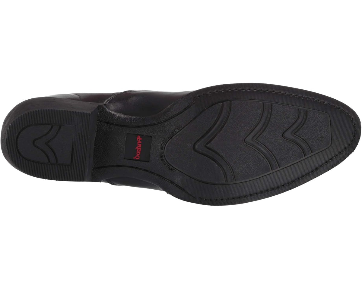 Black boot outsole with molded tread pattern and red branding