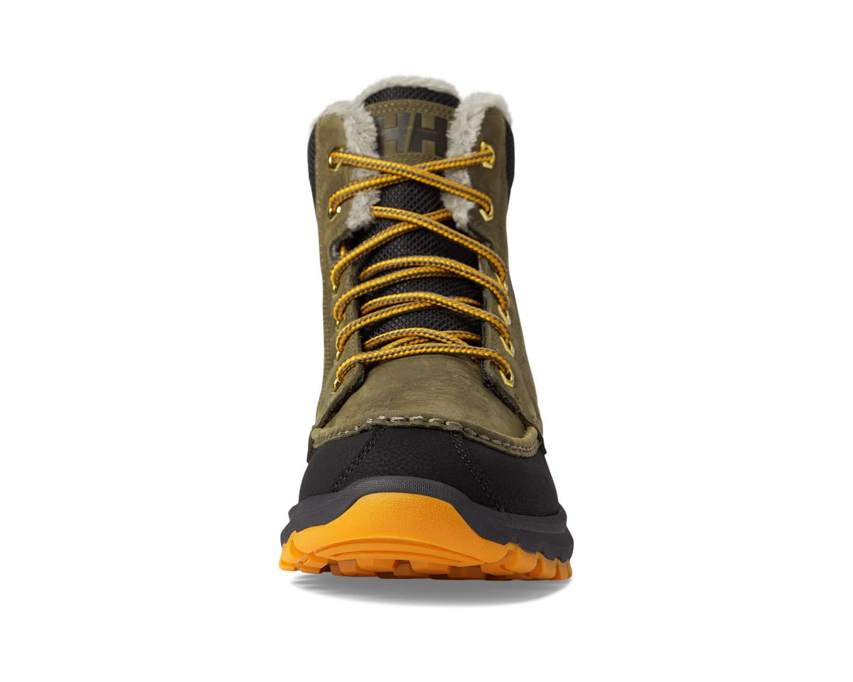 Olive and black winter utility boot with yellow laces and fur lining at the collar.