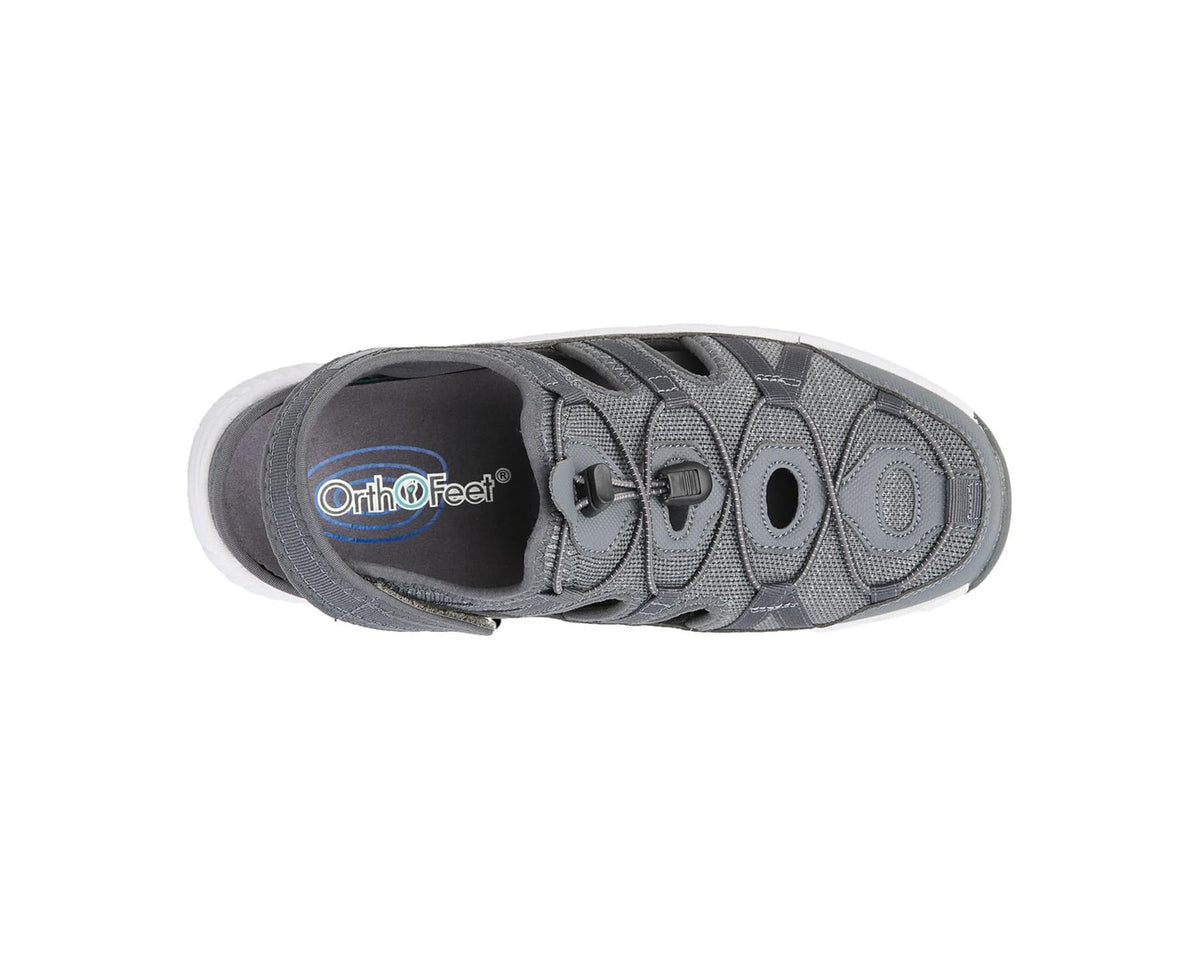 OrthoFeet grey sneaker side view with hook-and-loop strap and treaded sole