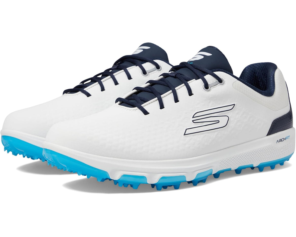 Men's white golf shoes with navy accents and blue spiked rubber outsole