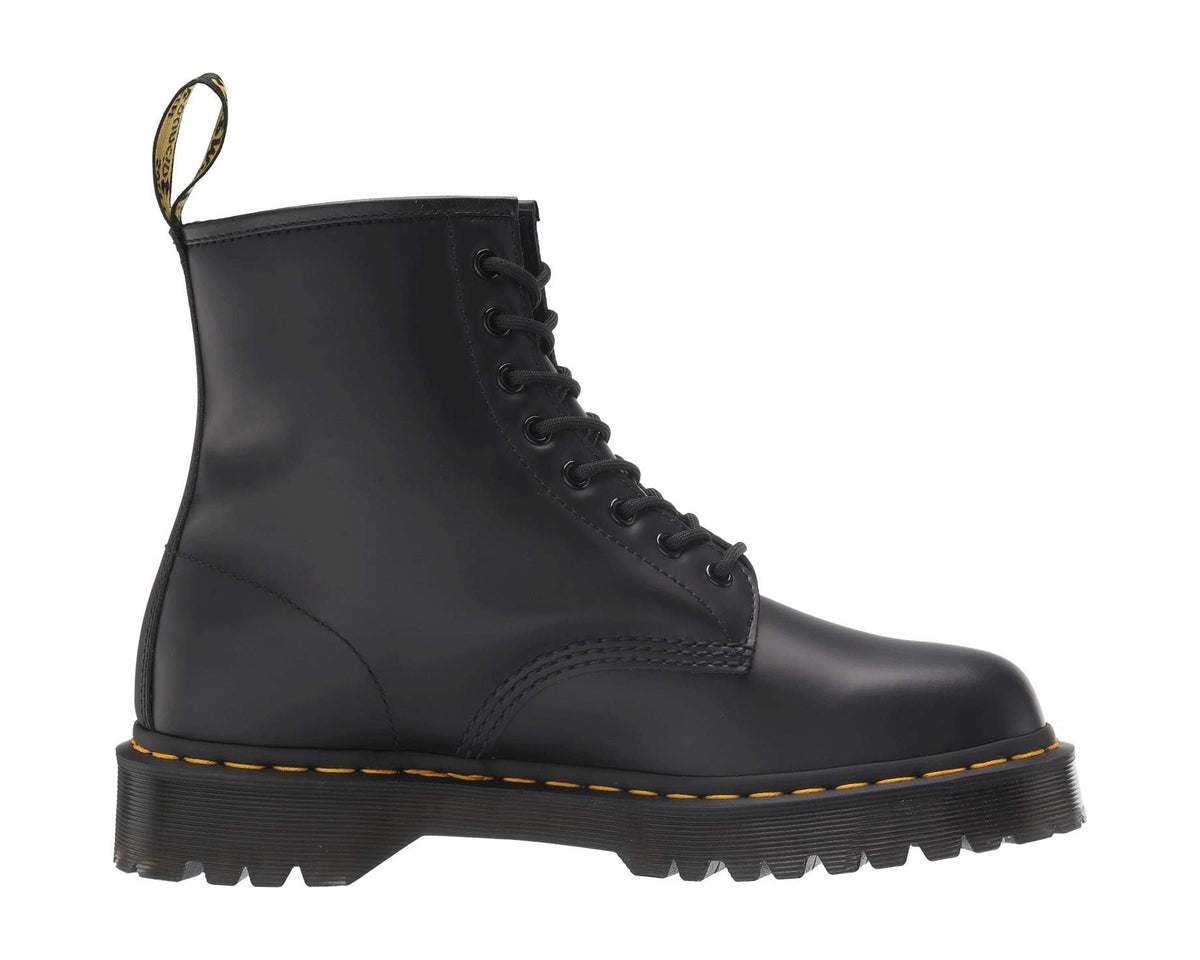 Black smooth leather lace-up boots with yellow stitch detail and rugged tread sole