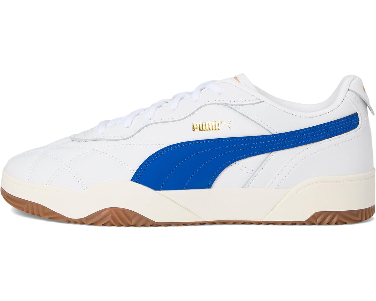 Men's white PUMA sneaker with blue Formstrip and gum outsole