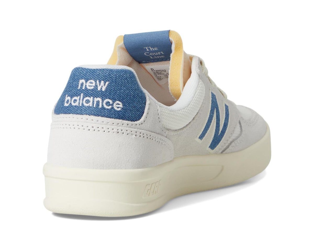 New Balance Classics 300 court sneaker heel with blue New Balance tab and cushioned collar
