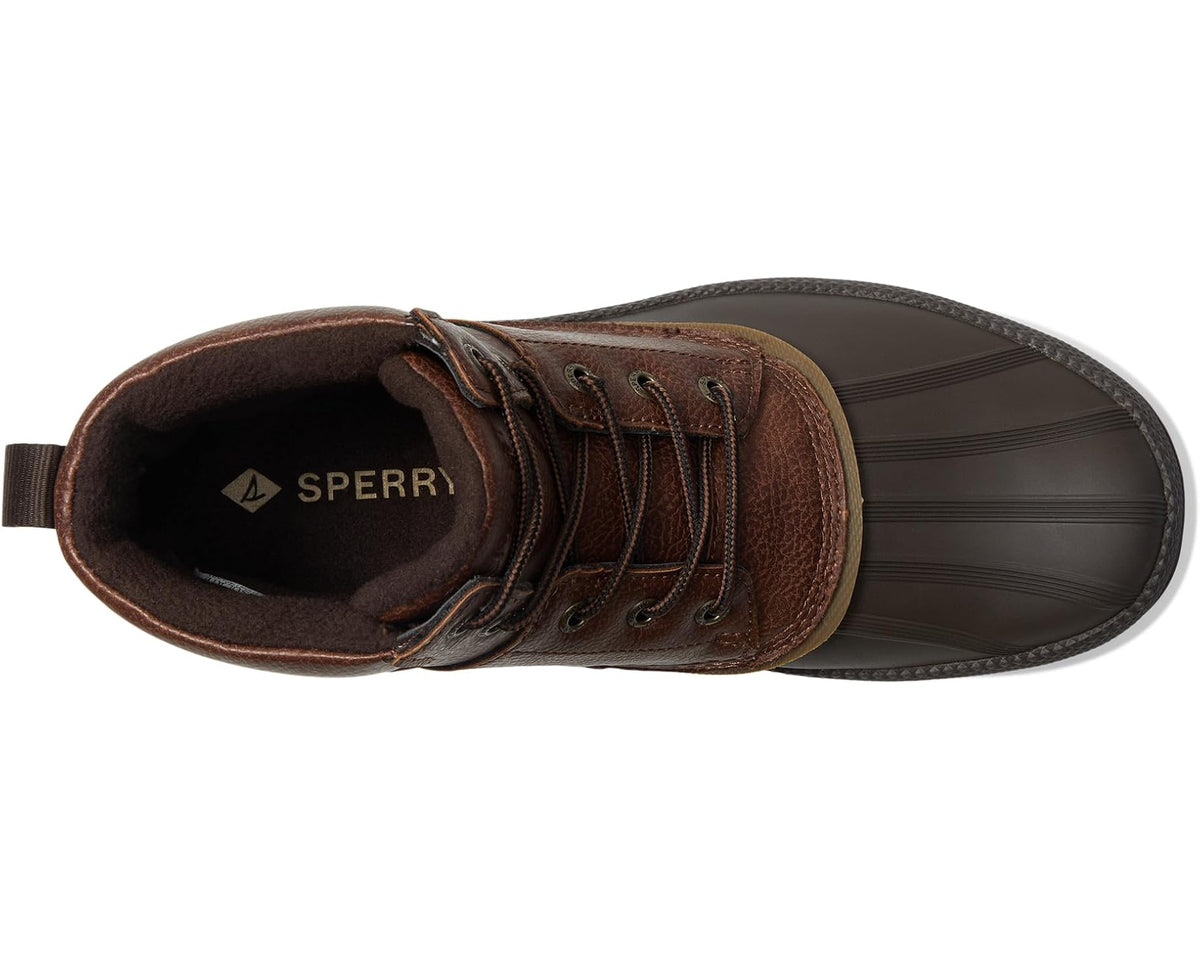 Brown chukka boot open side view, lace eyelets and cushioned interior lining