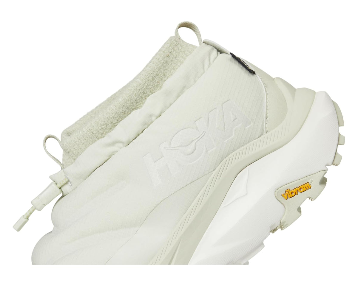 Men's Hoka Kaha 2 Frost Moc GTX boot, white side close-up with embossed logo and rugged sole