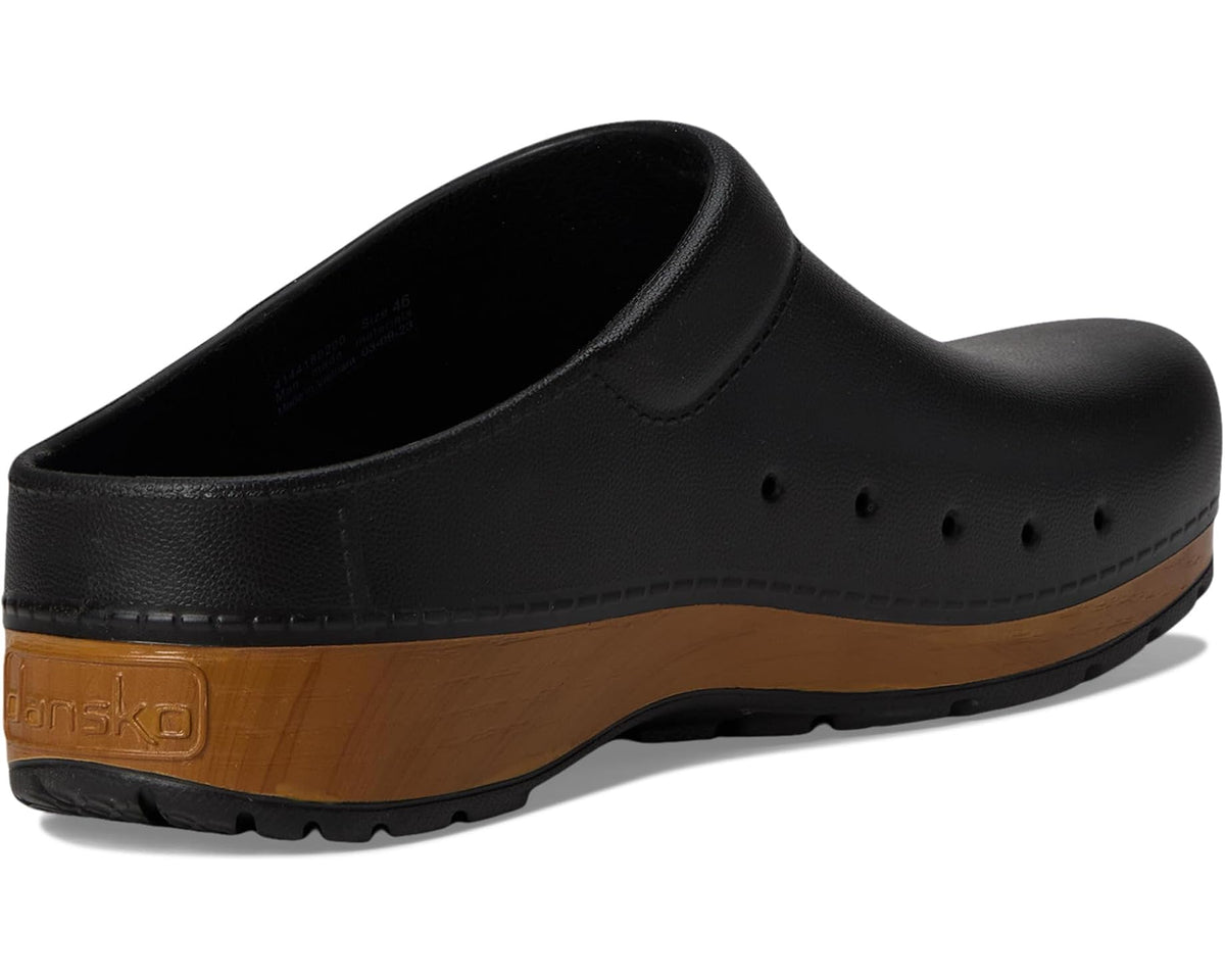 Dansko Kane black clog with branded footbed and brown midsole