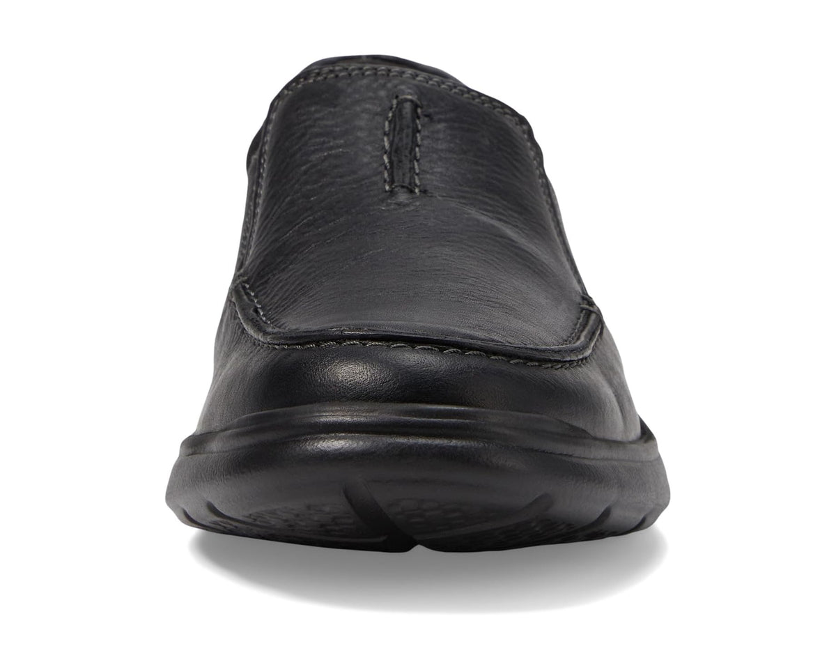 Clarks men's black leather slip-on shoe back view with low stacked heel