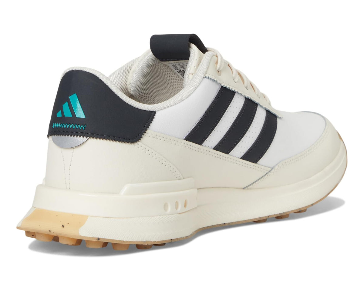 Men's adidas spikeless golf shoe heel with padded collar, white leather and dark panel