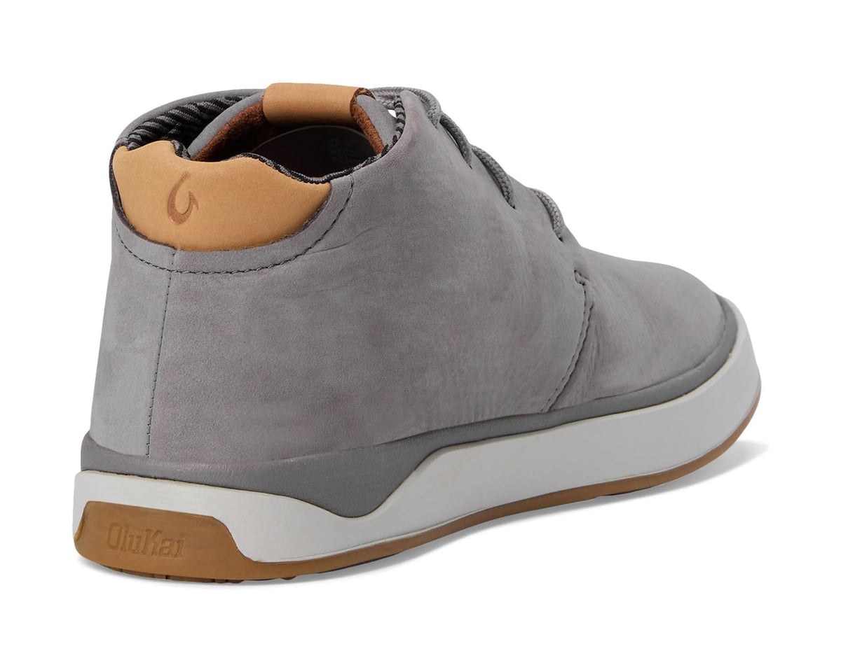 Graphite suede chukka boot heel view with tan lining and cushioned collar