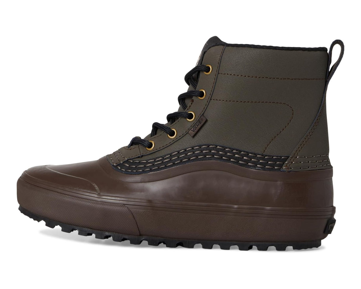Mid-top waterproof boot side profile in dark brown with black lace-up and eyelets