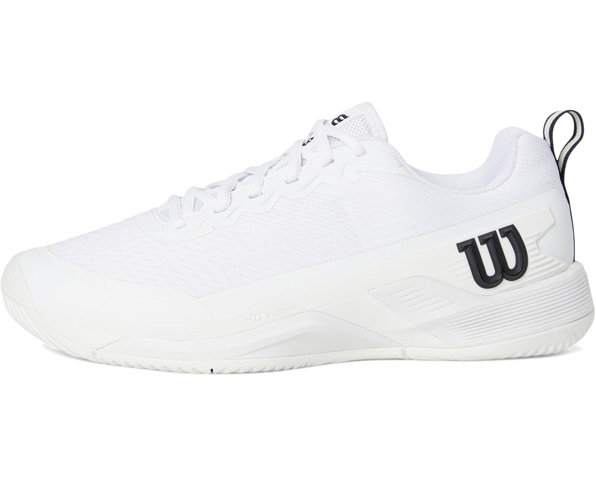 White lace-up tennis shoe with black Wilson 'W' logo on side and stitched overlays