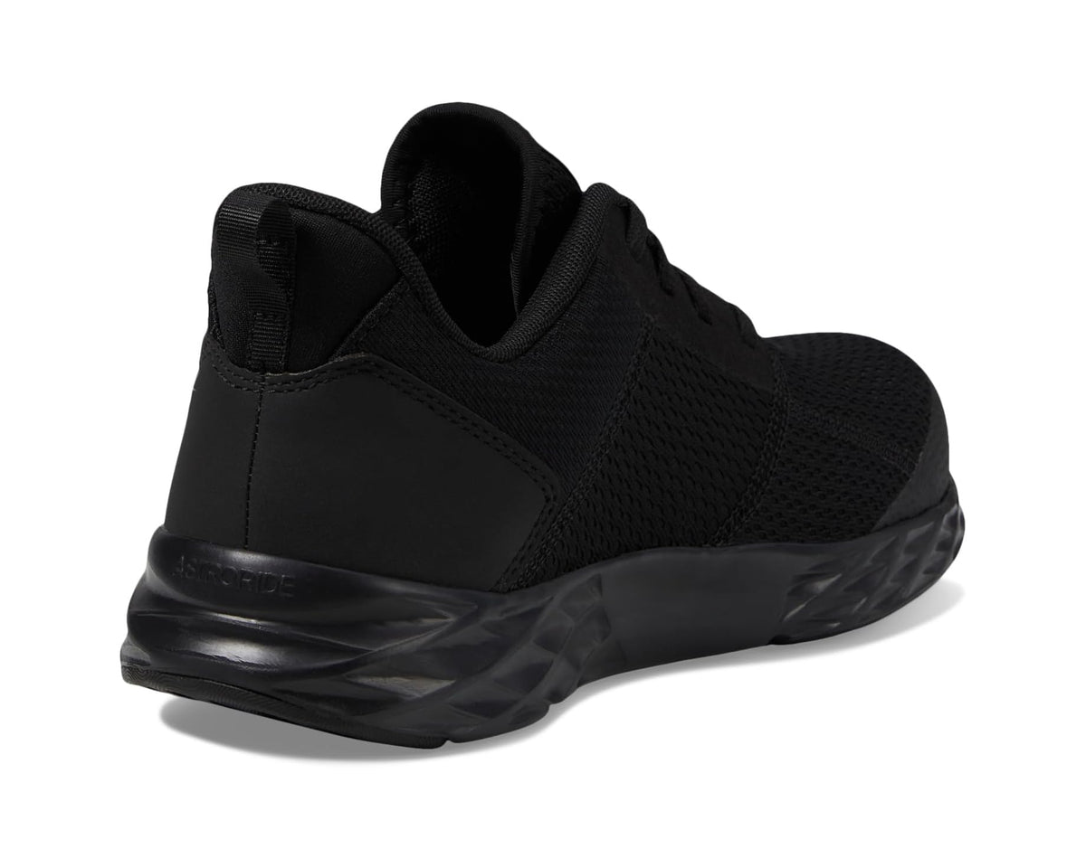 Reebok men's black work sneaker, heel and side view with molded protective panel