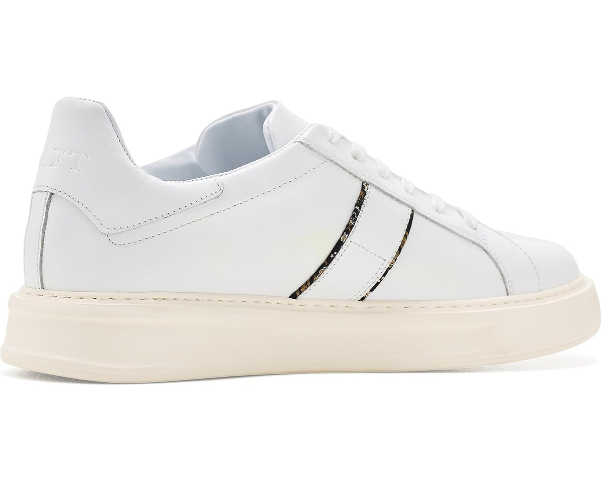 White low-top lace-up sneaker with side stripe panel and stitched leather overlays
