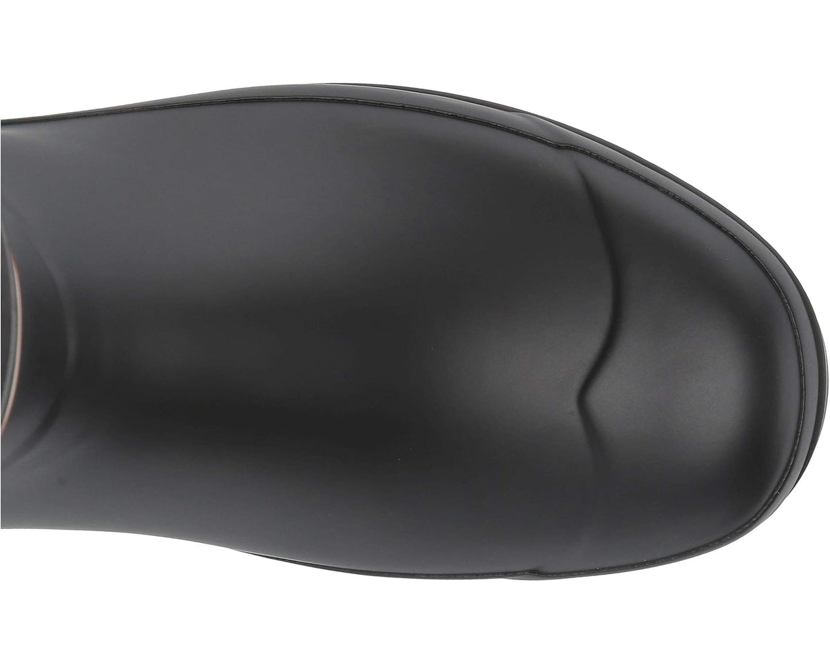 Black rubber boot toe with smooth finish and curved seam detail