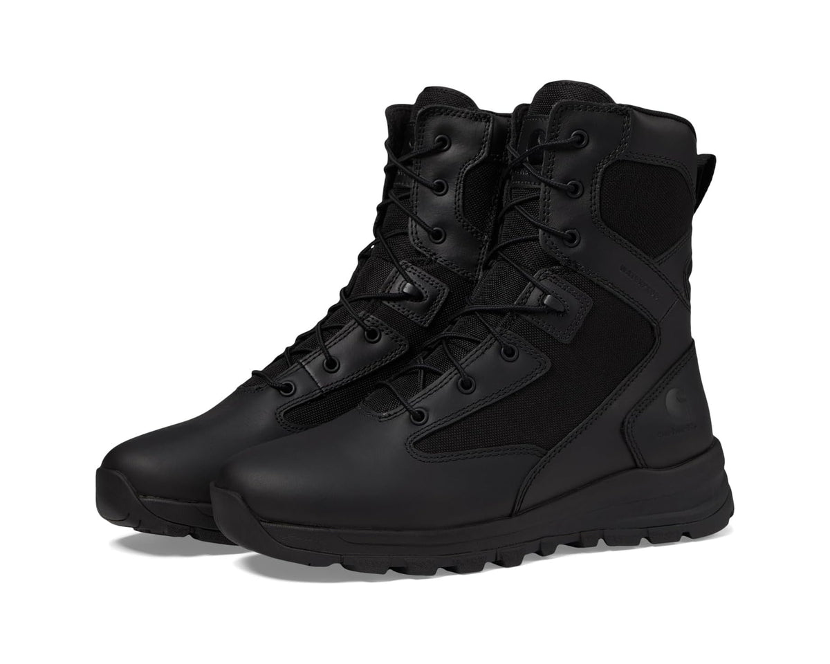 Black soft-toe work boot with side zipper, lace-up shaft, rugged tread sole