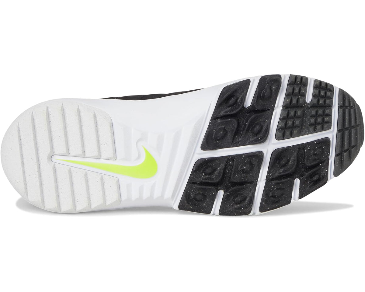 Nike golf shoe outsole, black tread with white midsole and lime swoosh.