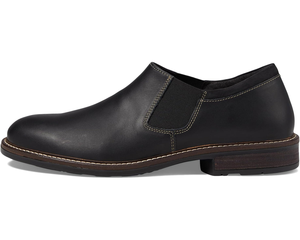 Black leather slip-on chukka shoe with elastic gore and stacked brown heel