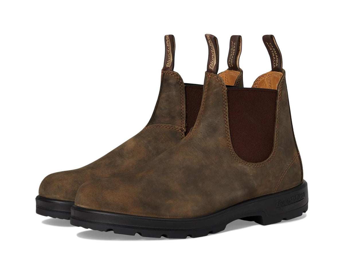 Unisex suede chelsea boot in rustic brown with elastic side panels and lug sole