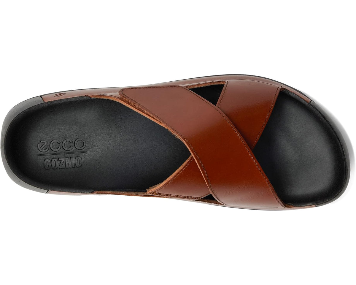 Cognac leather cross-slide sandal with two front straps, open toe view