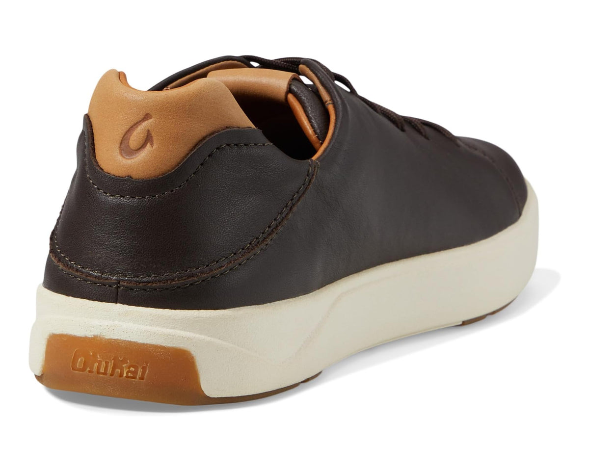 Men's dark brown leather sneakers with tan heel panel and white rubber sole