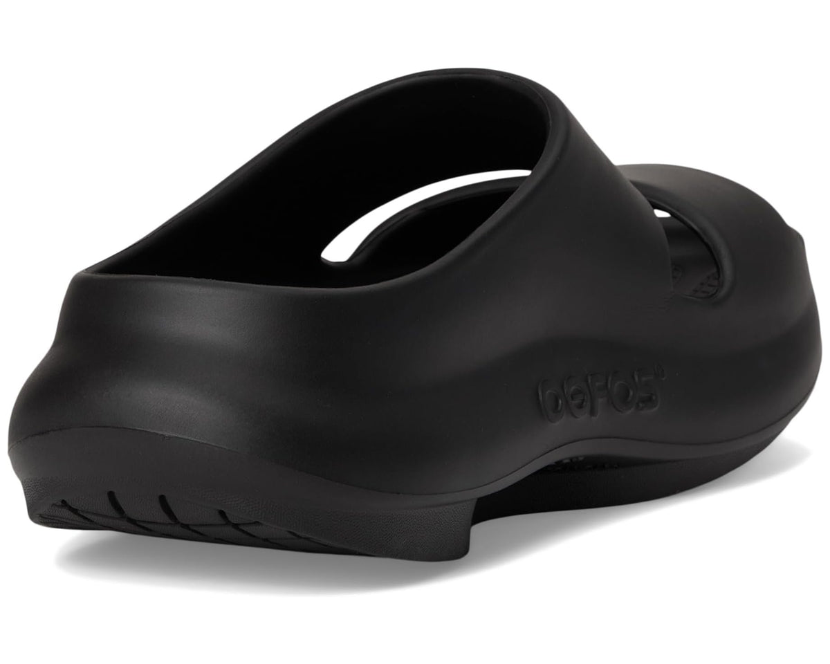 Black unisex clog back view with heel cutout opening and molded logo.