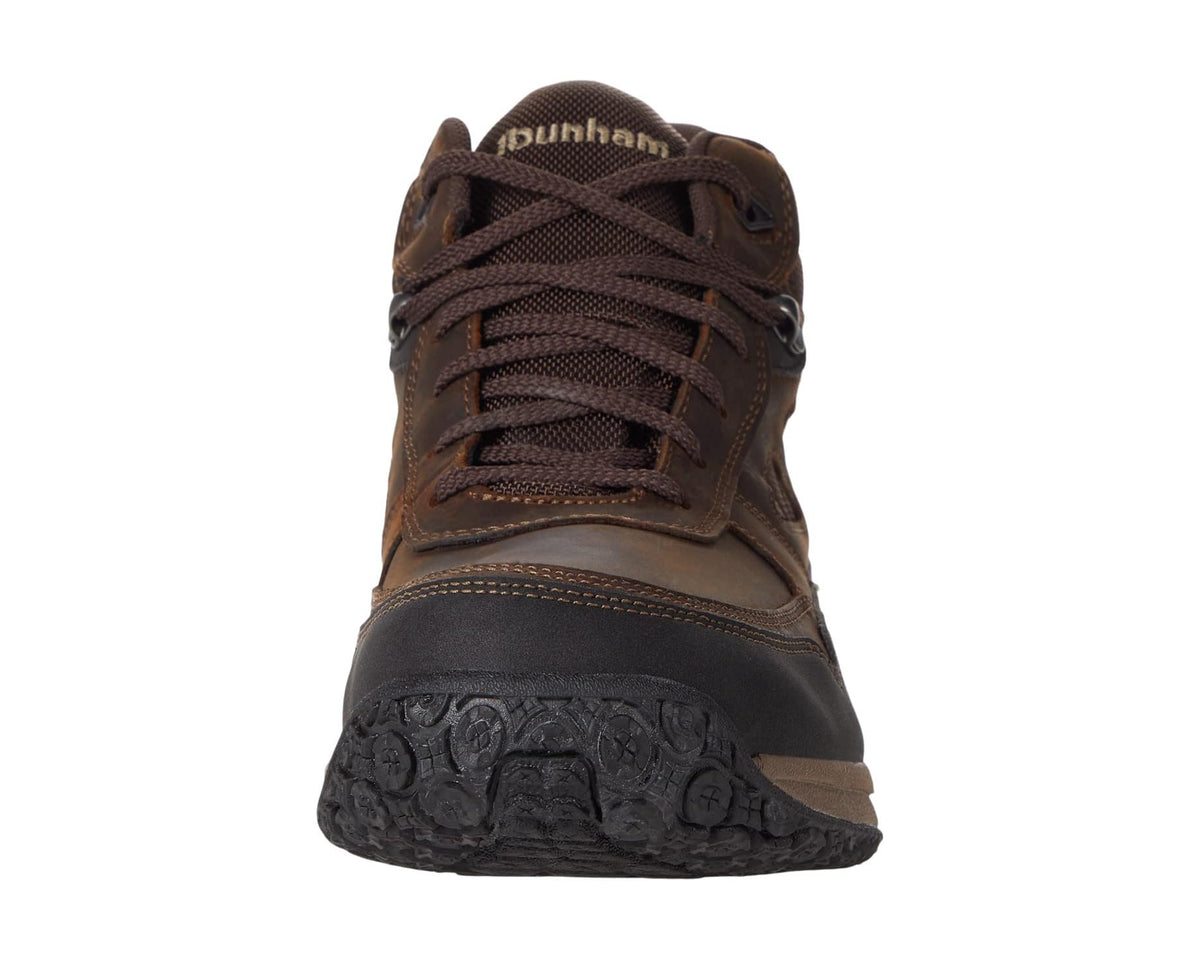 Brown lace-up Dunham mid boot with padded tongue and thick sculpted outsole