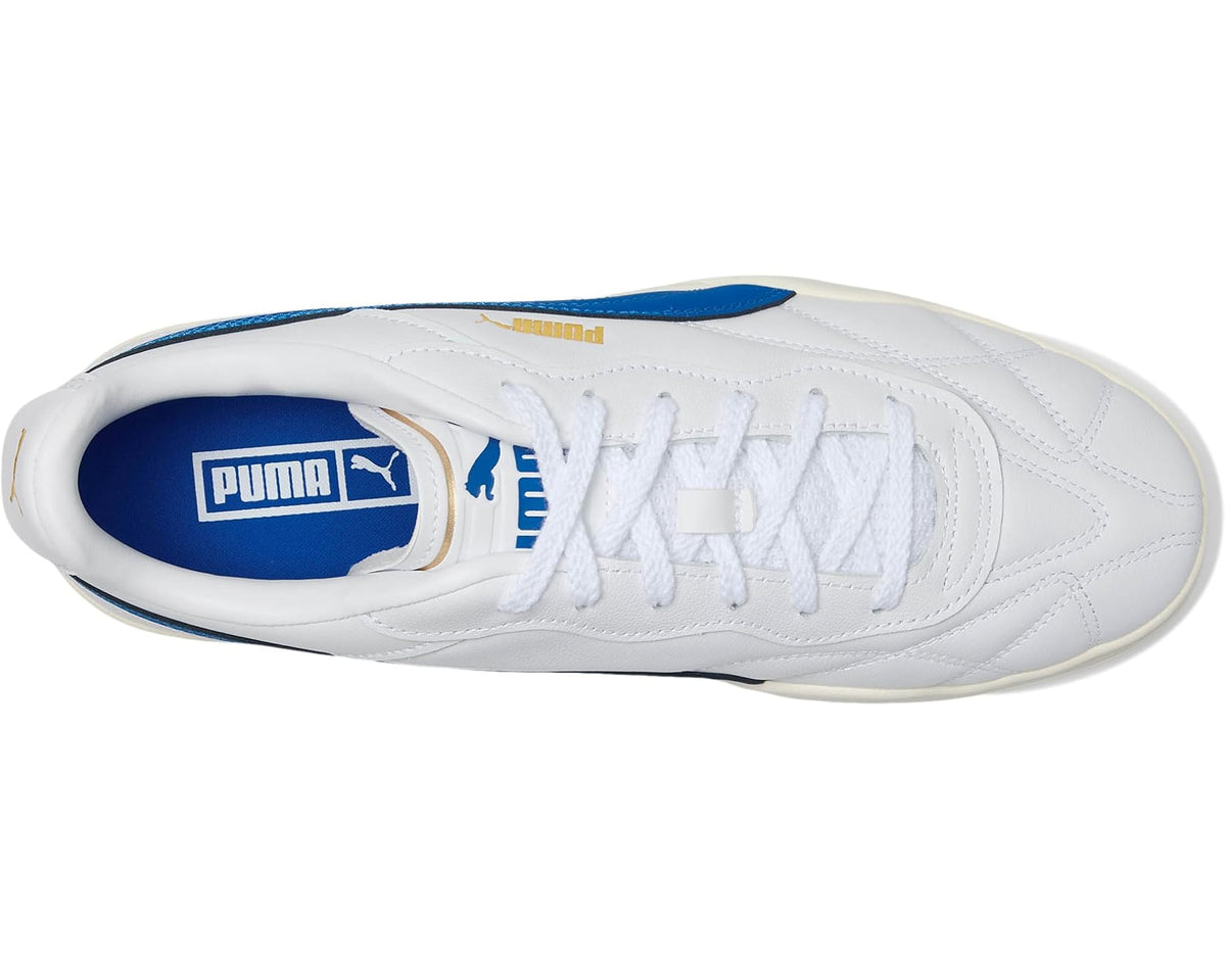 Men's white sneaker with blue-lined tongue, PUMA logo on insole, and white laces